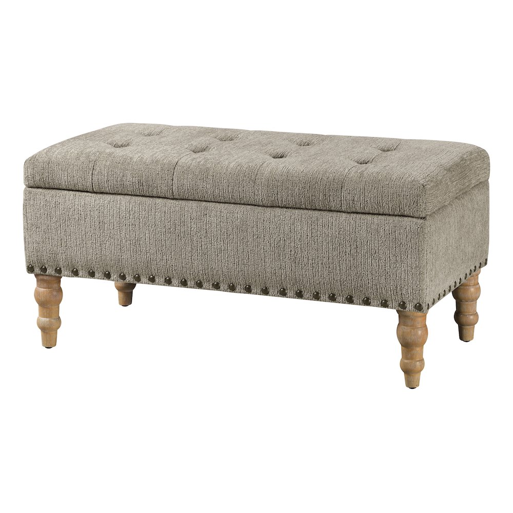 Woodbury Storage Bench In Taupe With Antique Bronze Nail Heads With Brushed Legs. Picture 5