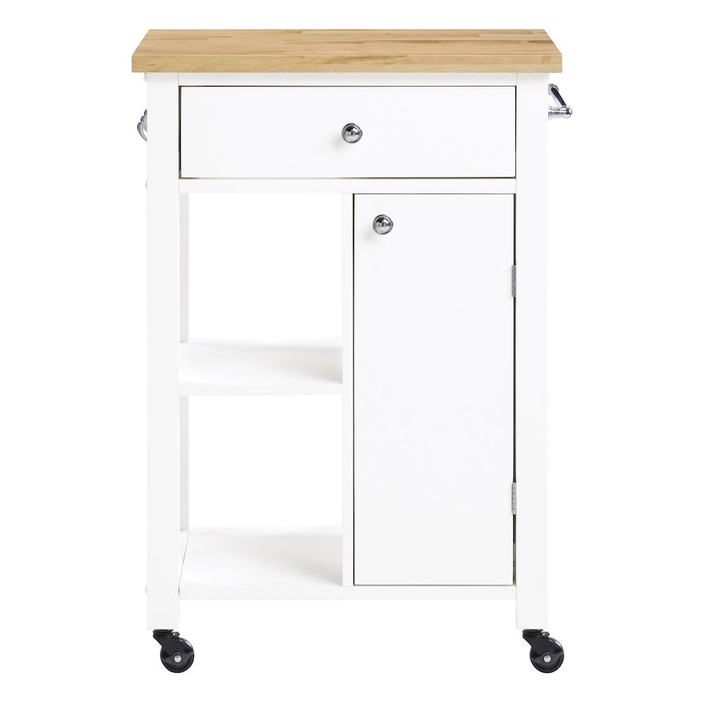 Derry Kitchen Cart with Natural Butcher Block Top With White Finish. Picture 2