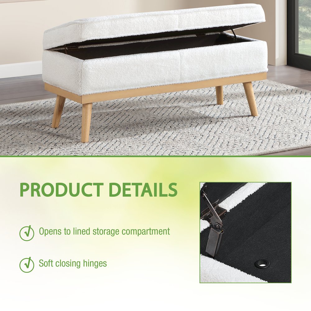 Katheryn Storage Bench in Ivory Sherpa Fabric with National Wood Legs. Picture 12