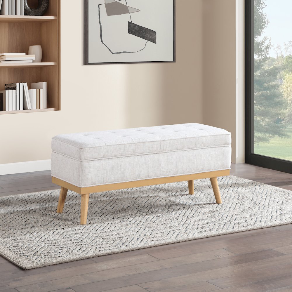Katheryn Storage Bench in Linen Fabric with National Wood Legs. Picture 8