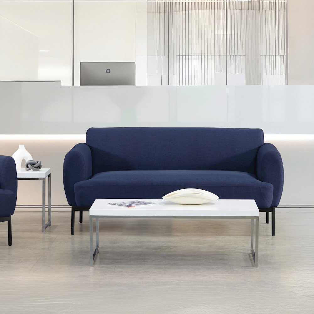 Delta Sofa in Navy Fabric with Black Metal Legs. Picture 7
