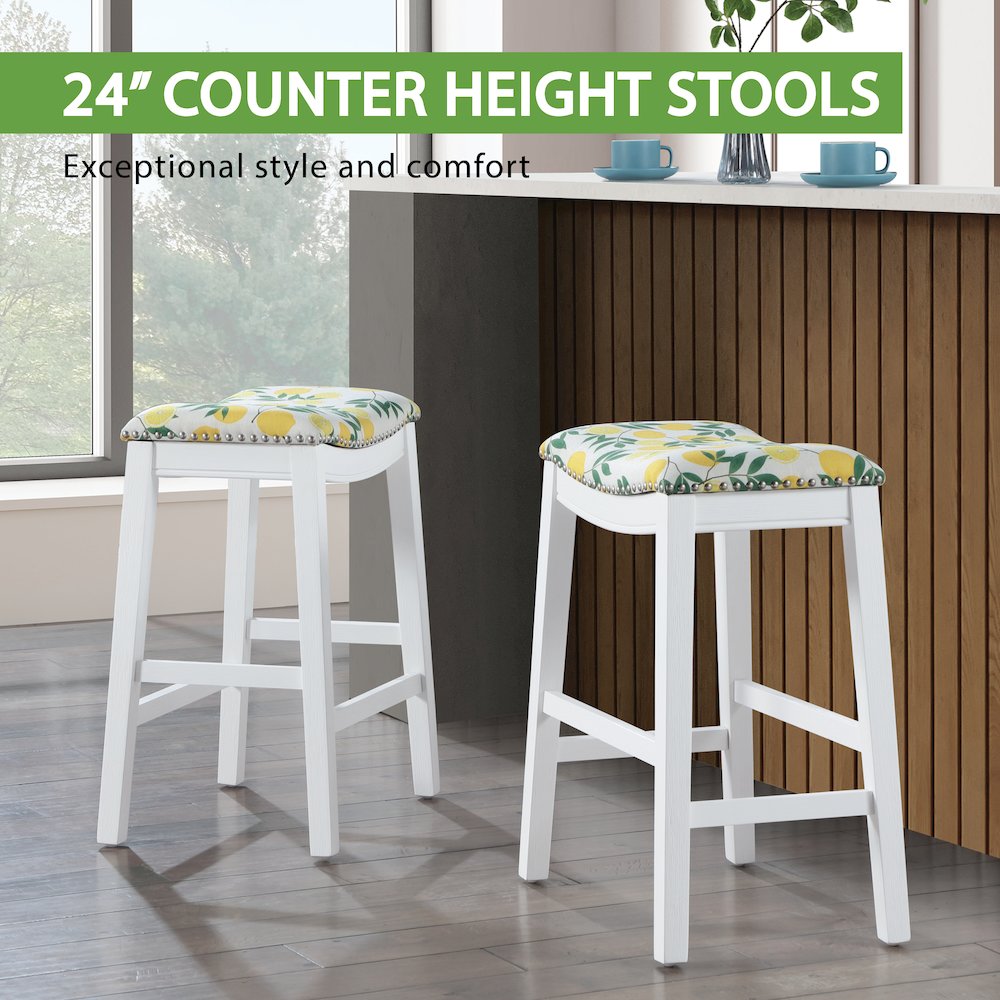 Saddle Stool 24" in lemons Fabric With White Wood Finish 2-Pack. Picture 11