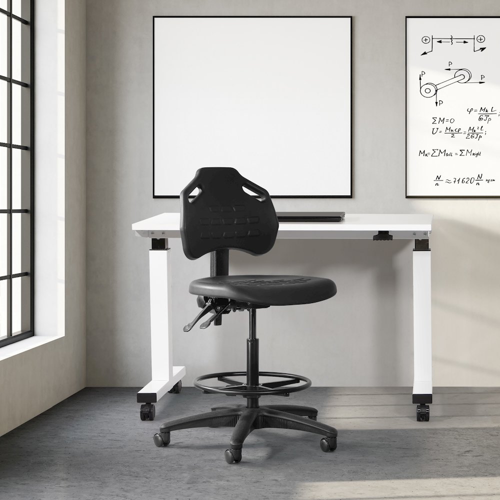 Black Skinned Urethane Drafting Chair With Adjustable Black Footrest And Casters. Picture 7