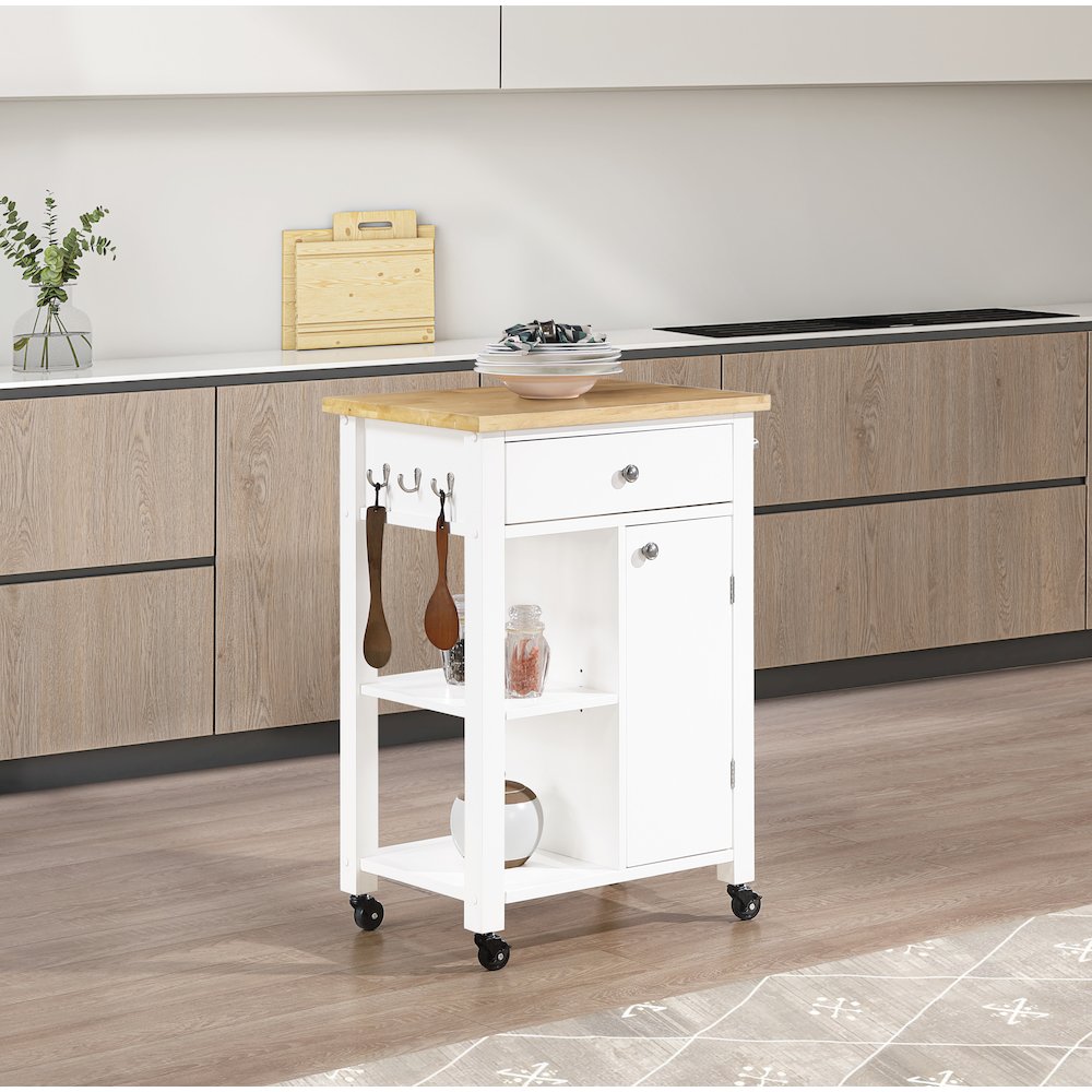 Derry Kitchen Cart with Natural Butcher Block Top With White Finish. Picture 9
