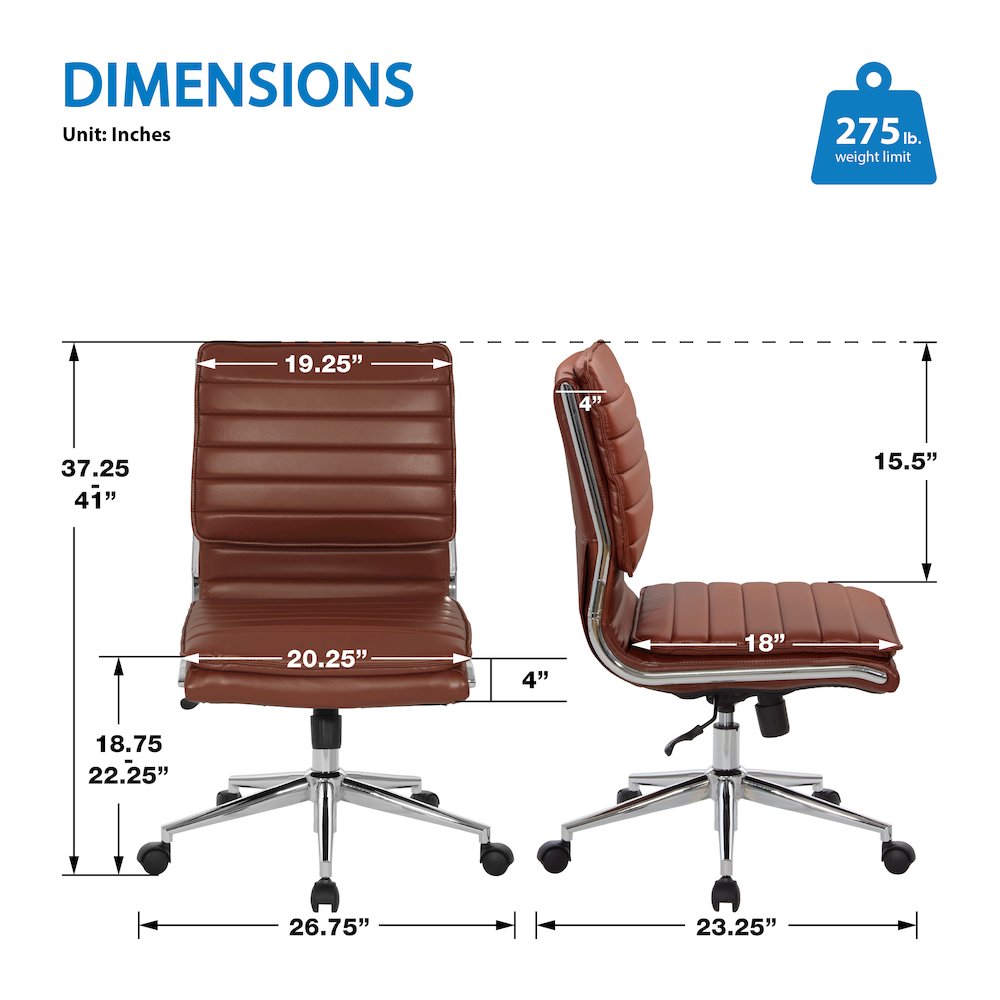 Armless Mid-Back Manager's Faux Leather Chair in Saddle, Chrome Base. Picture 9