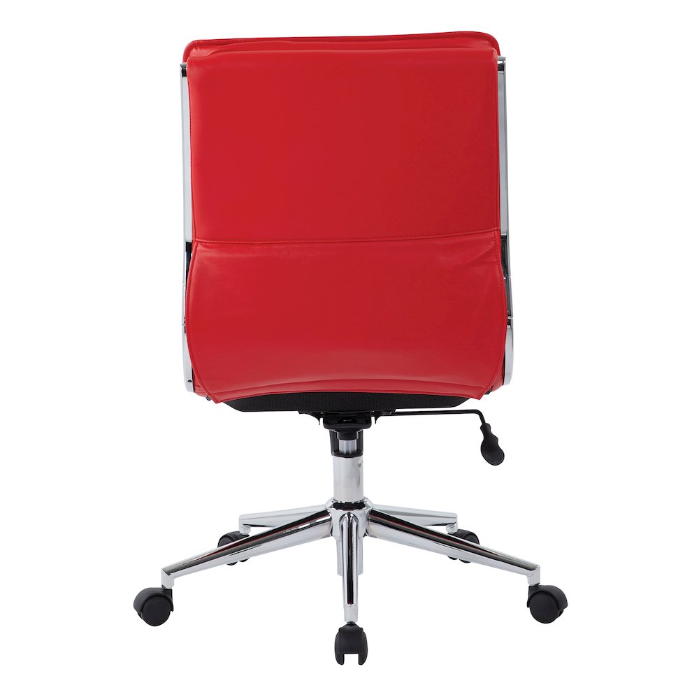 Armless Mid Back Manager's Faux Leather Chair in Red with Chrome Base.. Picture 6
