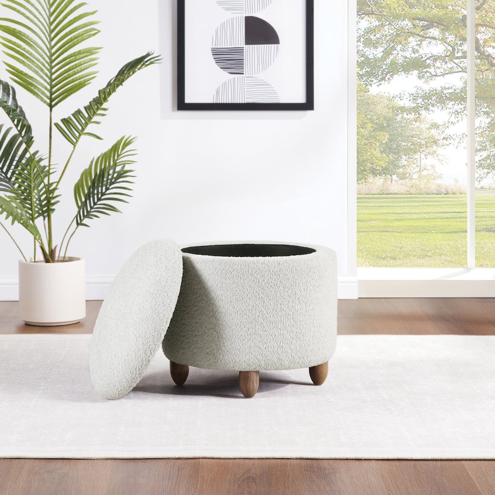 Lyra Storage Ottoman in Taupe Cord Fabric with Medium Oak Legs. Picture 6