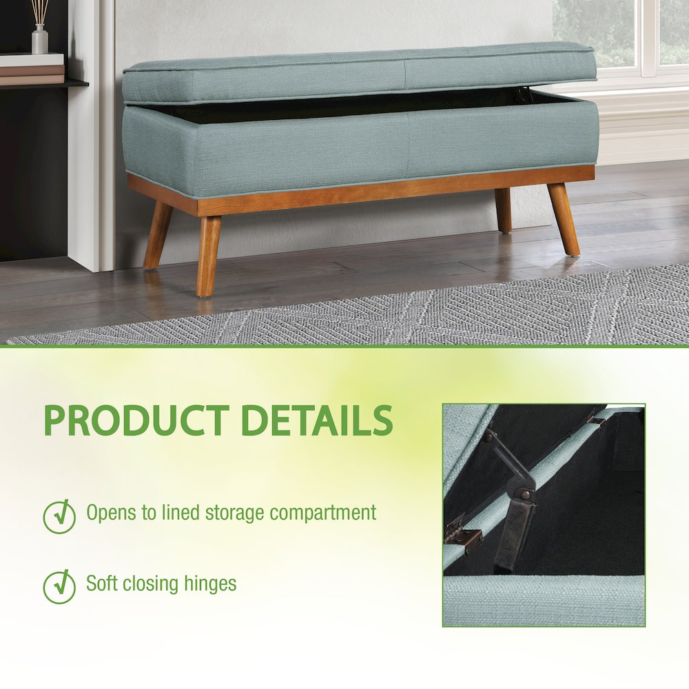 Katheryn Storage Bench in Sea Blue Fabric with Spice Finish Legs. Picture 9