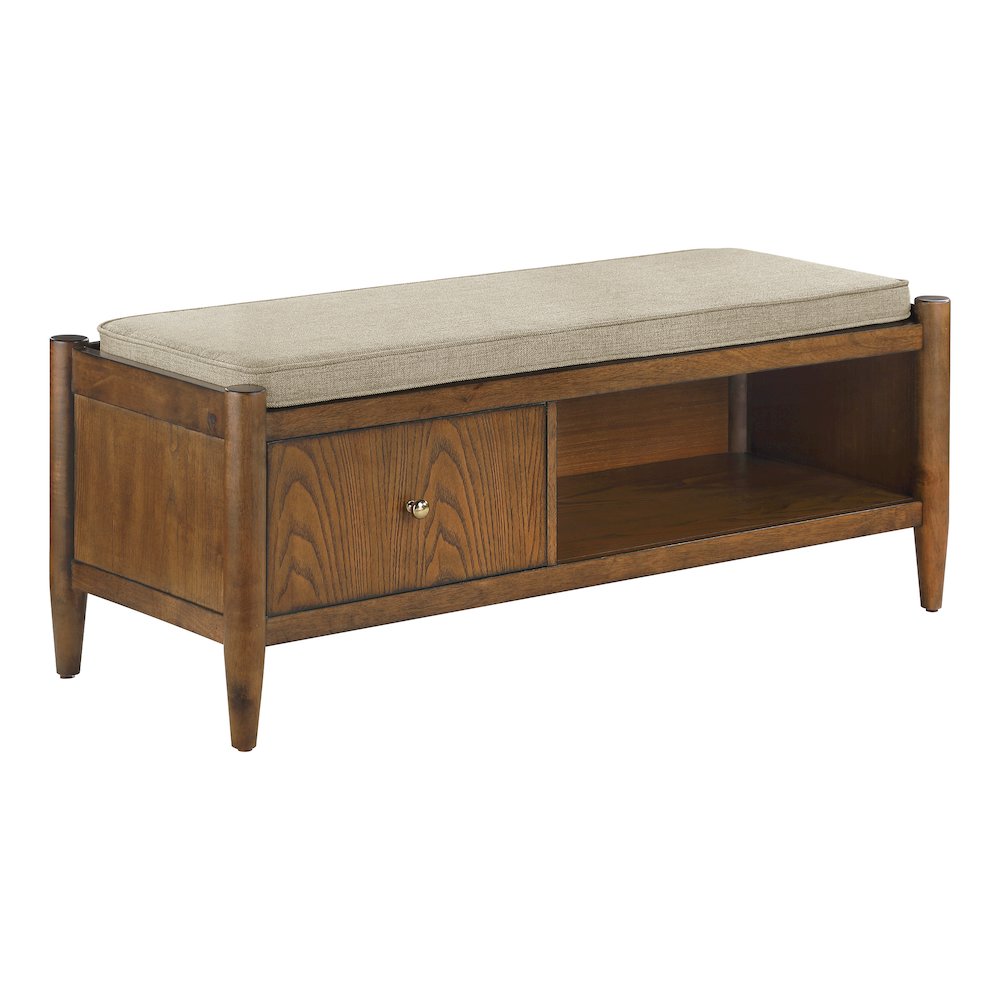 Marilyn Storage Bench with Walnut Wood finished and Brown Fabric Padded seat. Picture 1