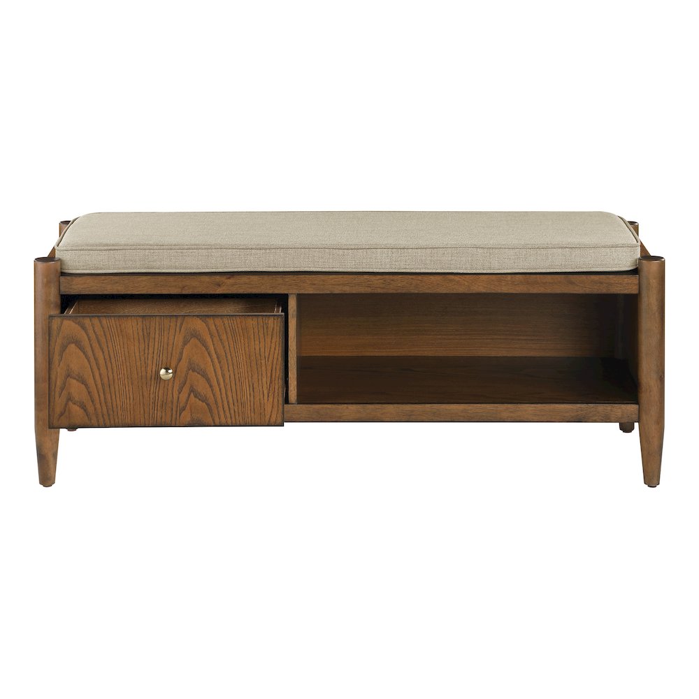 Marilyn Storage Bench with Walnut Wood finished and Brown Fabric Padded seat. Picture 7