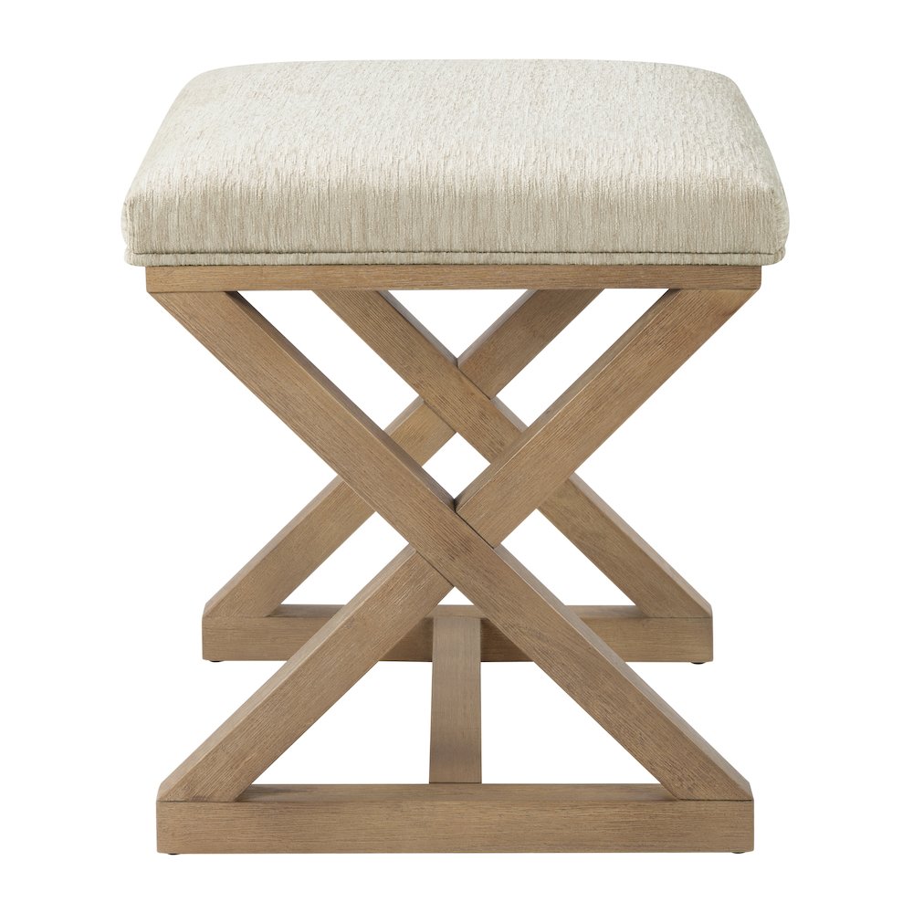 Carson X-Frame Stool in Linen Fabric and Medium Oak Finish Wood. Picture 4