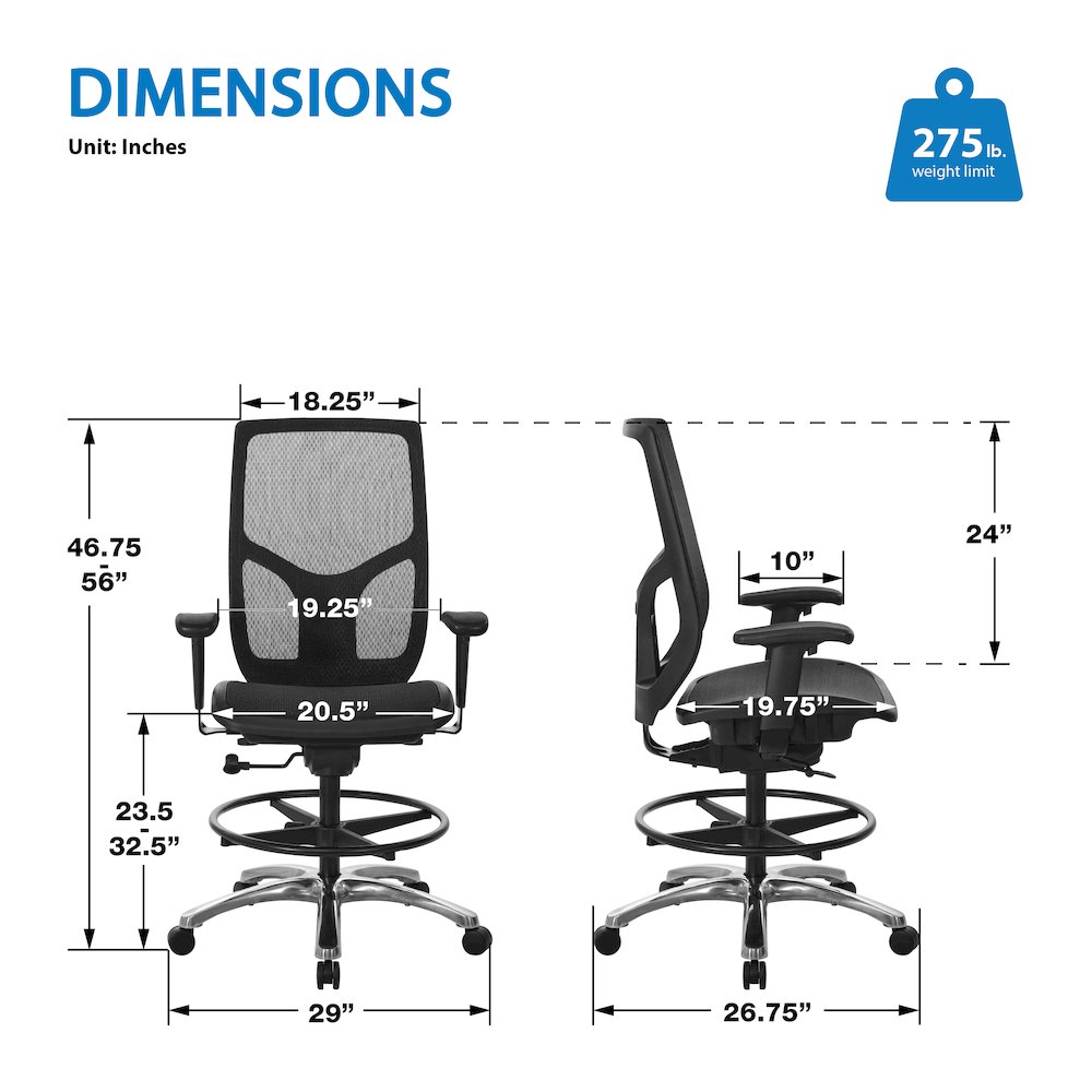ProGrid Mesh Back Drafting Chair with Black Mesh Seat, PU Padded. Picture 7