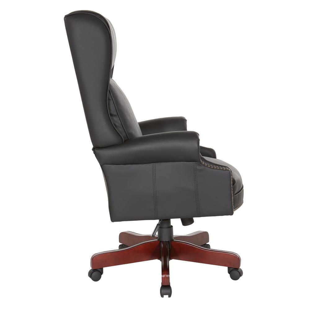 Traditional Executive High Back Chair with Black Vinyl and Brass Finish Nail Trim Upholstery, TEX280-3. Picture 4