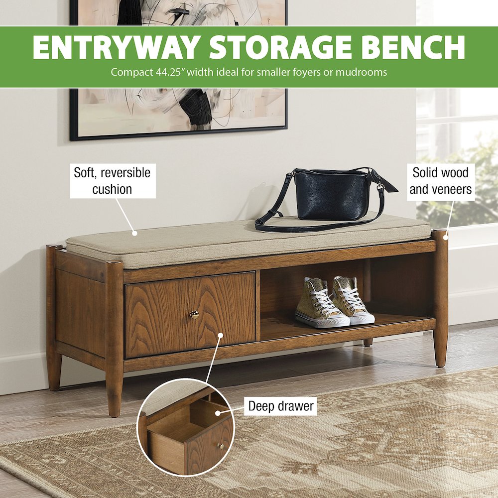 Marilyn Storage Bench with Walnut Wood finished and Brown Fabric Padded seat. Picture 13