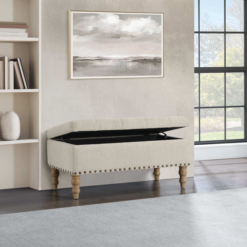 Woodbury Storage Bench in Linen with Antique Bronze Nail Heads with Brushed Legs. Picture 9