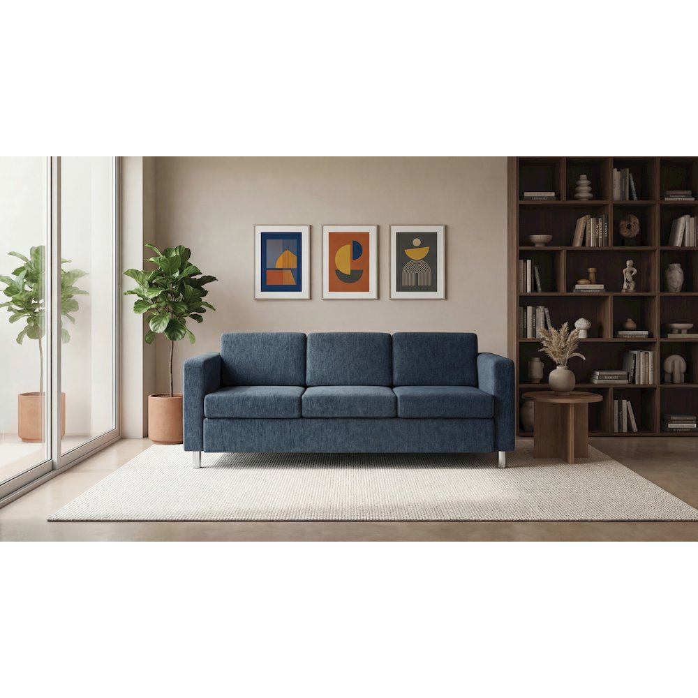 Pacific Sofa in Navy Fabric with Chrome Legs. Picture 2
