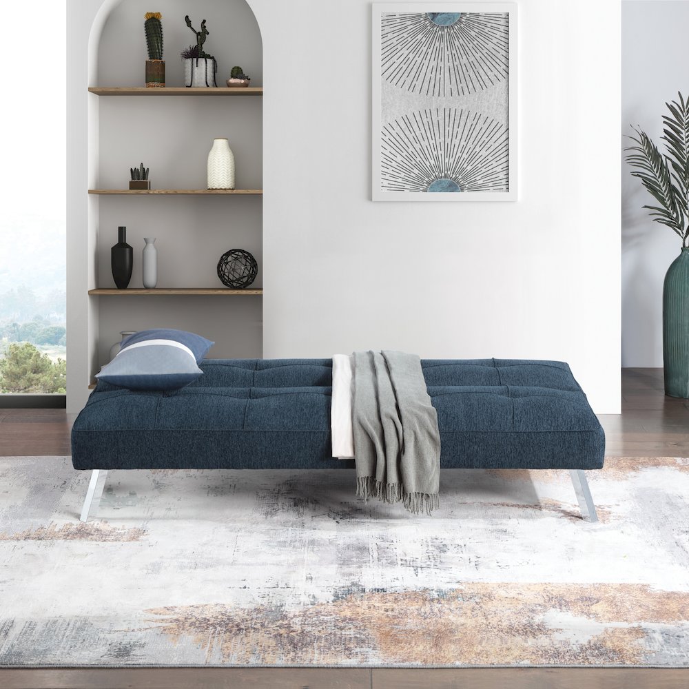 Kenneth Futon in Indigo Fabric and Chrome Legs. Picture 10