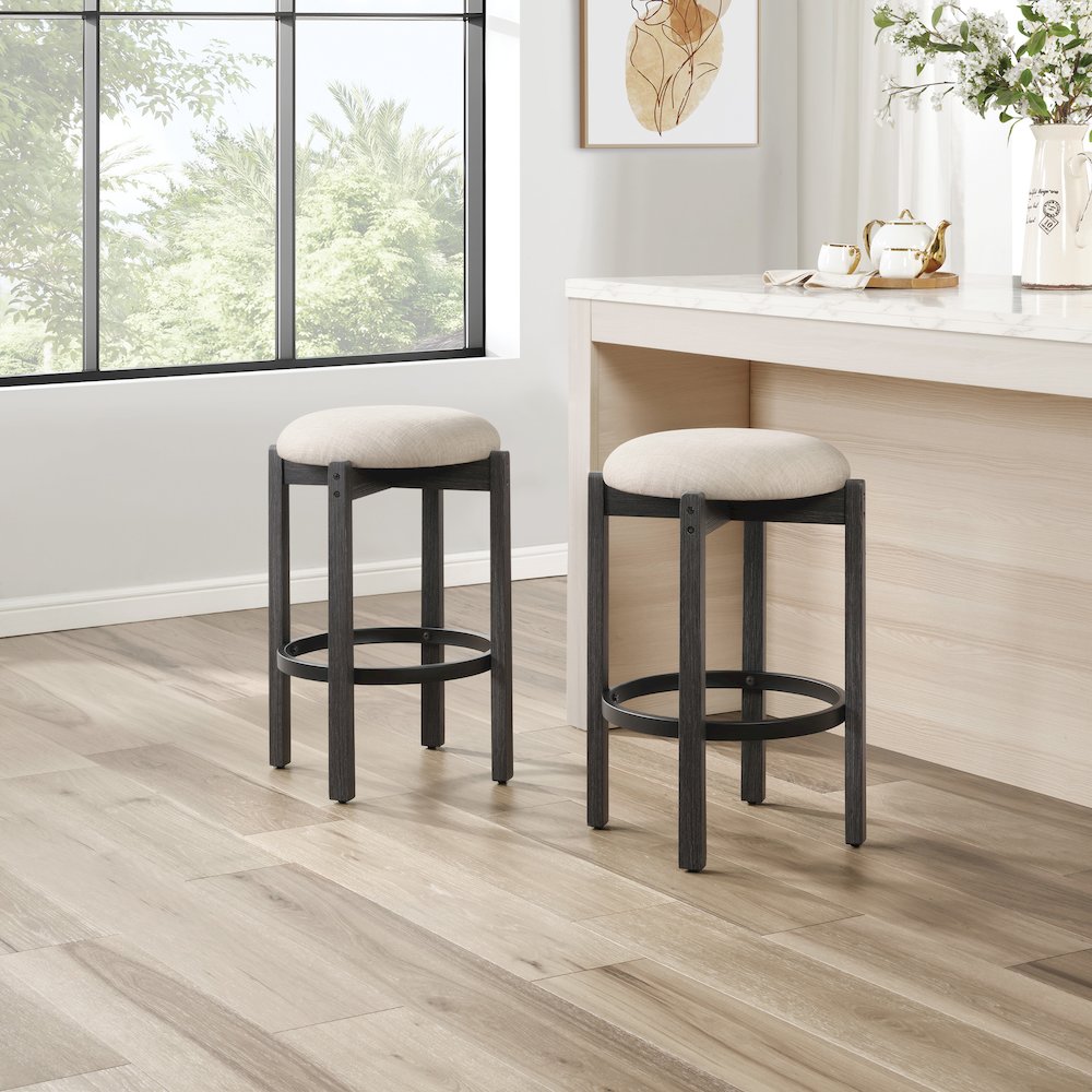 Melissa 26" Counter Stools 2-Pack With Cream Fabric Seat and Black Finish Wood. Picture 7