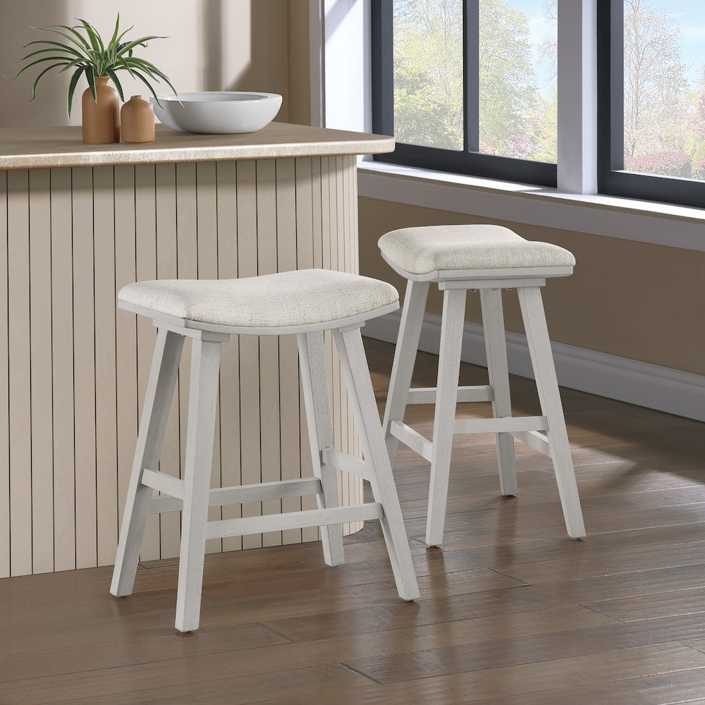 Coley 24" Saddle Stool 2-Pack With Linen Fabric Seat And White Wash Frame. Picture 8