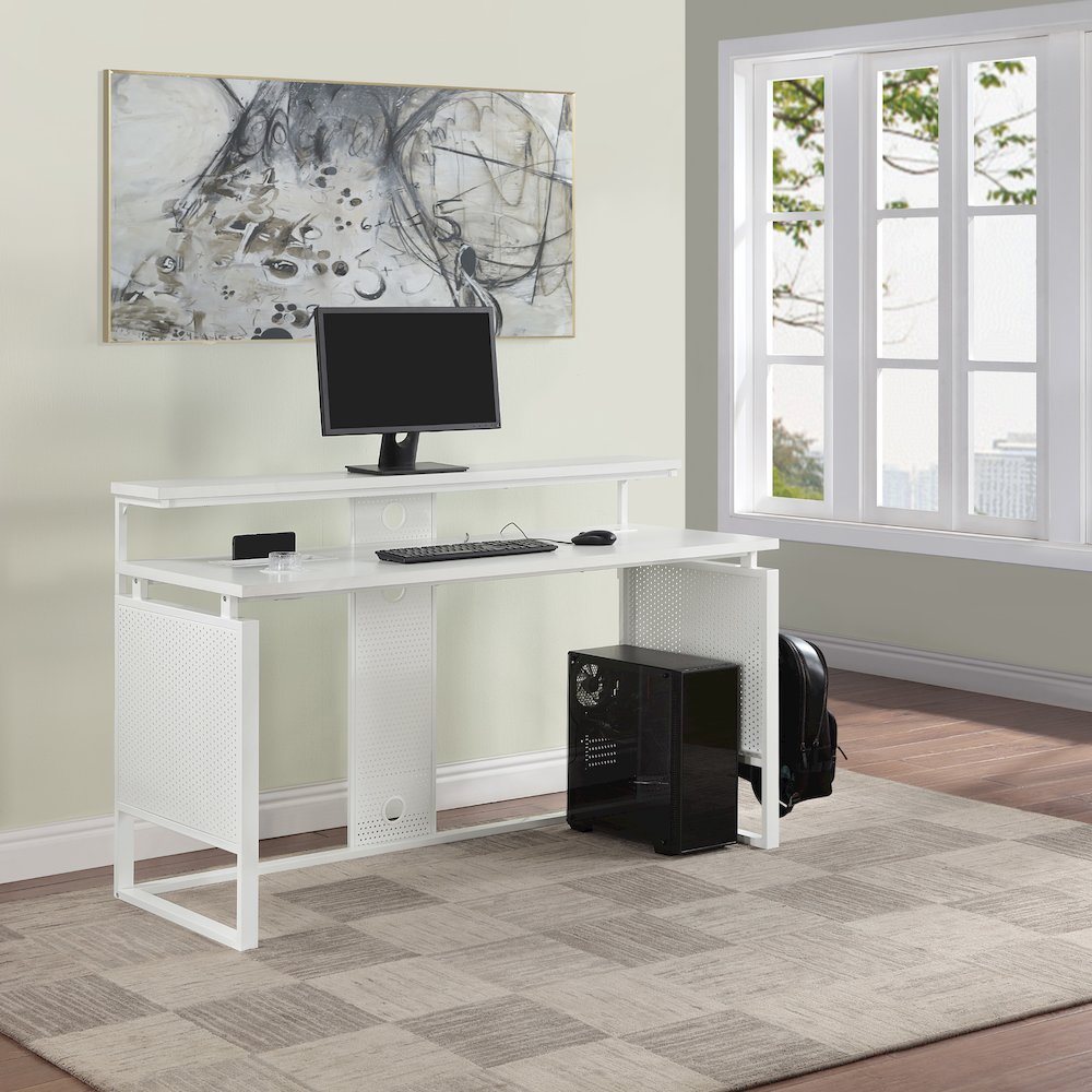Ace 60" Desk with Hutch in White Top and White Frame. Picture 5