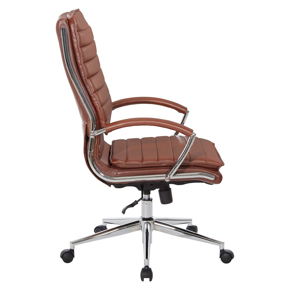 High-Back Manager's Chair in Saddle Faux Leather, Chrome Arms & Base. Picture 4