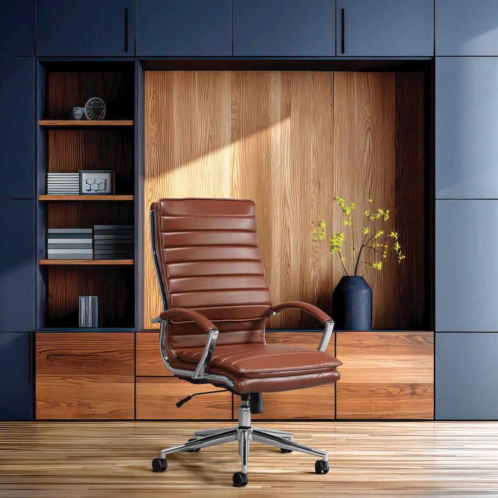 High-Back Manager's Chair in Saddle Faux Leather, Chrome Arms & Base. Picture 2
