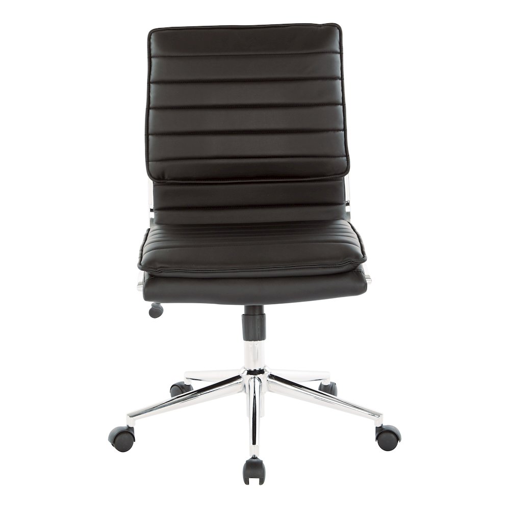 Armless Mid Back Manager's Faux Leather Chair in Black with Chrome Base.. Picture 3