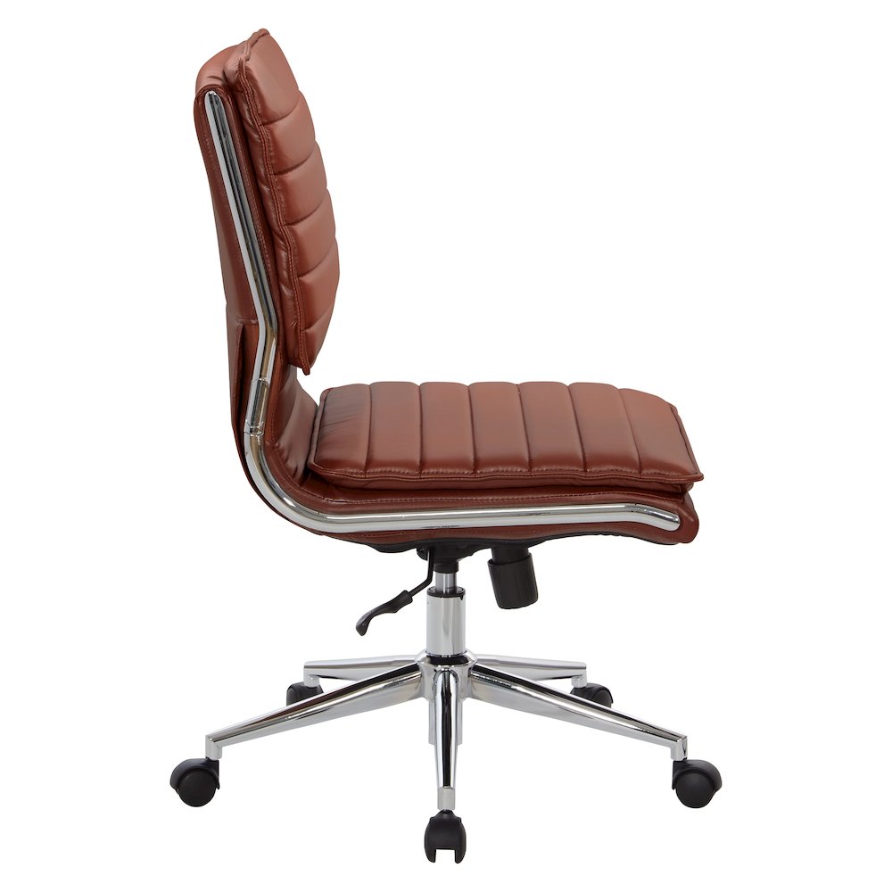 Armless Mid-Back Manager's Faux Leather Chair in Saddle, Chrome Base. Picture 4