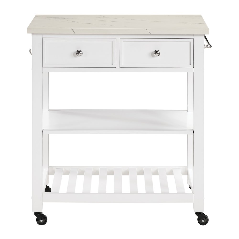 Litchfield Kitchen Cart With Faux Marble Top in White Finish. Picture 2