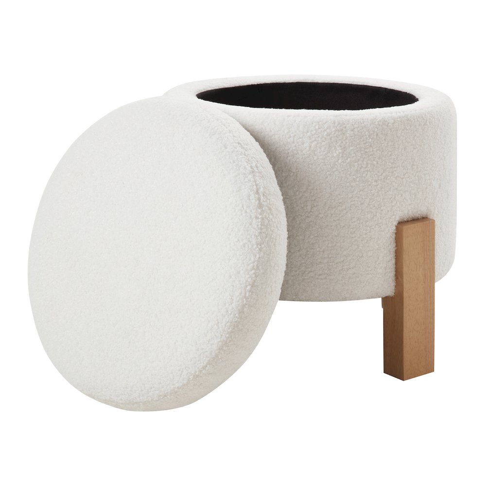 Annie Storage Ottoman in Ivory Sherpa Fabric with Natural Finish Legs. Picture 3