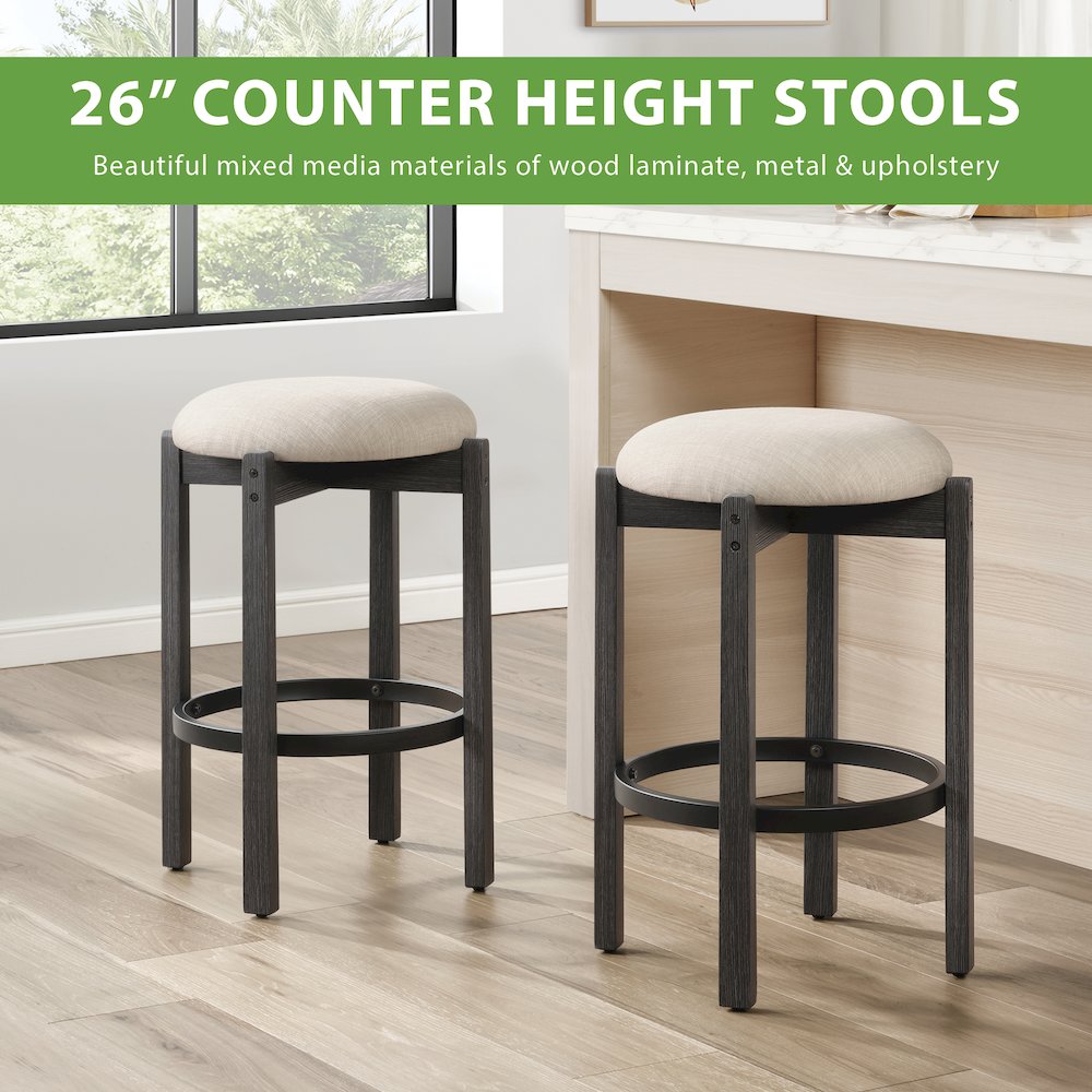 Melissa 26" Counter Stools 2-Pack With Cream Fabric Seat and Black Finish Wood. Picture 14