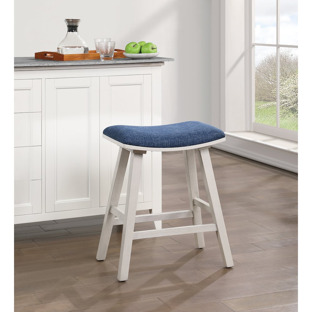 Coley 24" Saddle Stool 2-Pack with Navy Fabric Seat and White Wash Frame. Picture 7