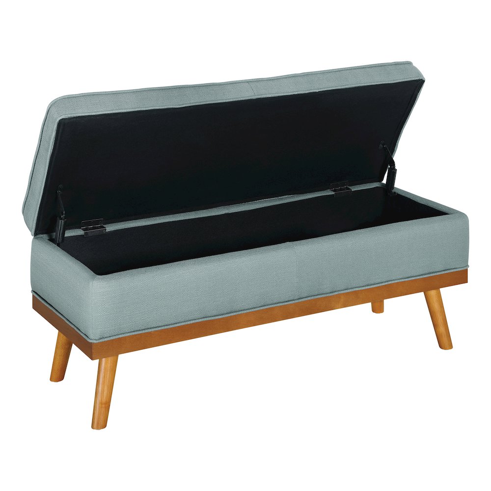 Katheryn Storage Bench in Sea Blue Fabric with Spice Finish Legs. Picture 5