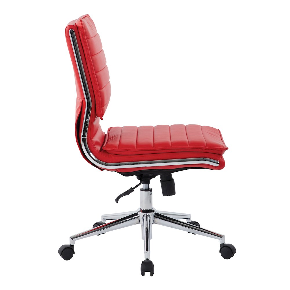 Armless Mid Back Manager's Faux Leather Chair in Red with Chrome Base.. Picture 4