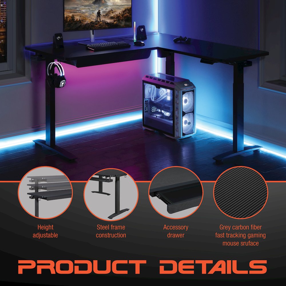 Kilo L-Shape Electric Lift Gaming Desk in Grey Carbon Fiber Finish. Picture 13