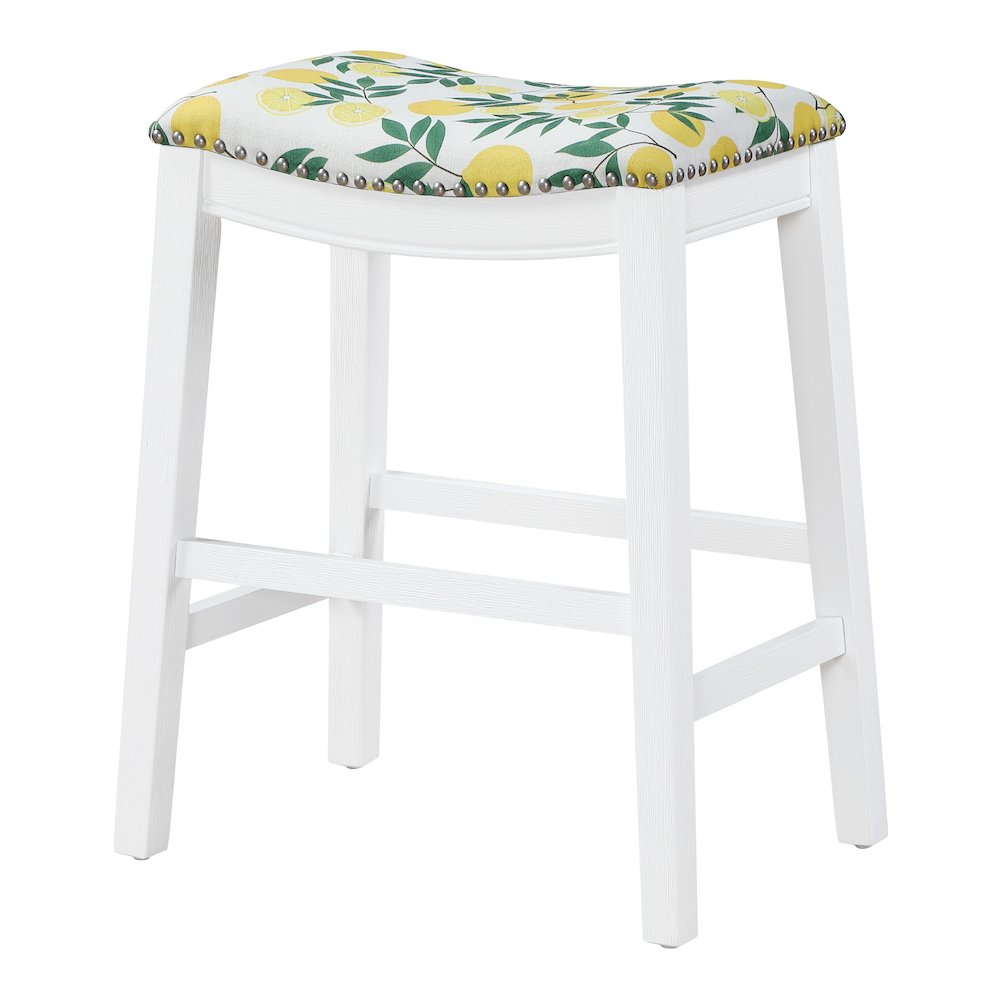 Saddle Stool 24" in lemons Fabric With White Wood Finish 2-Pack. Picture 5