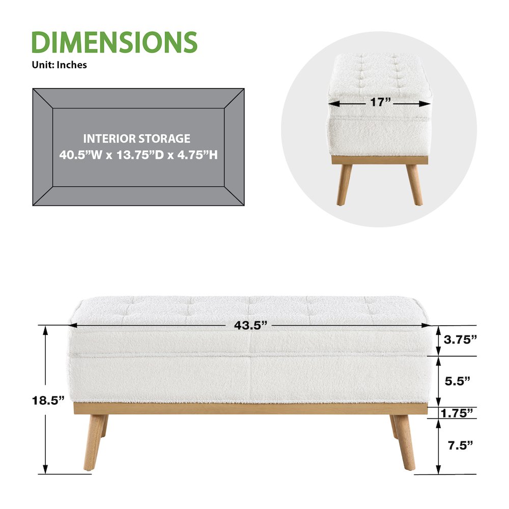 Katheryn Storage Bench in Ivory Sherpa Fabric with National Wood Legs. Picture 2