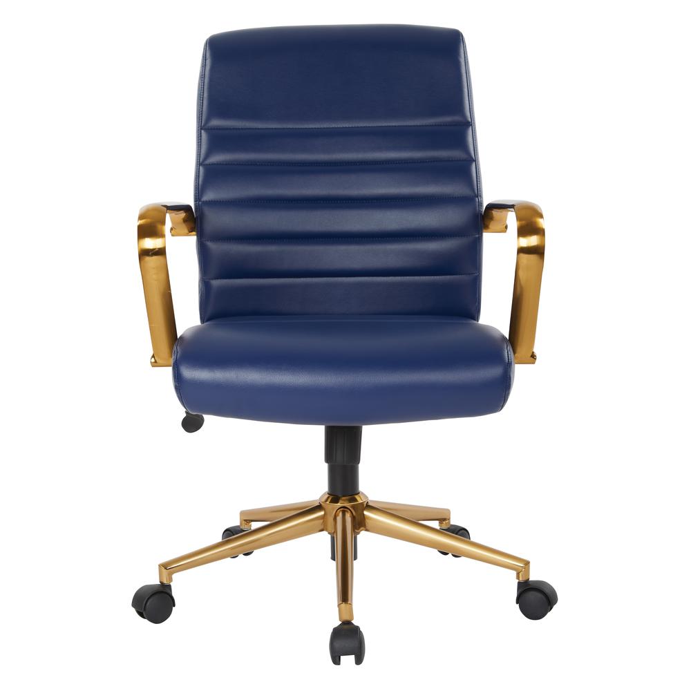 Mid-Back Navy Faux Leather Chair with Gold Finish Arms and Base K/D, FL22991G-U5. Picture 2
