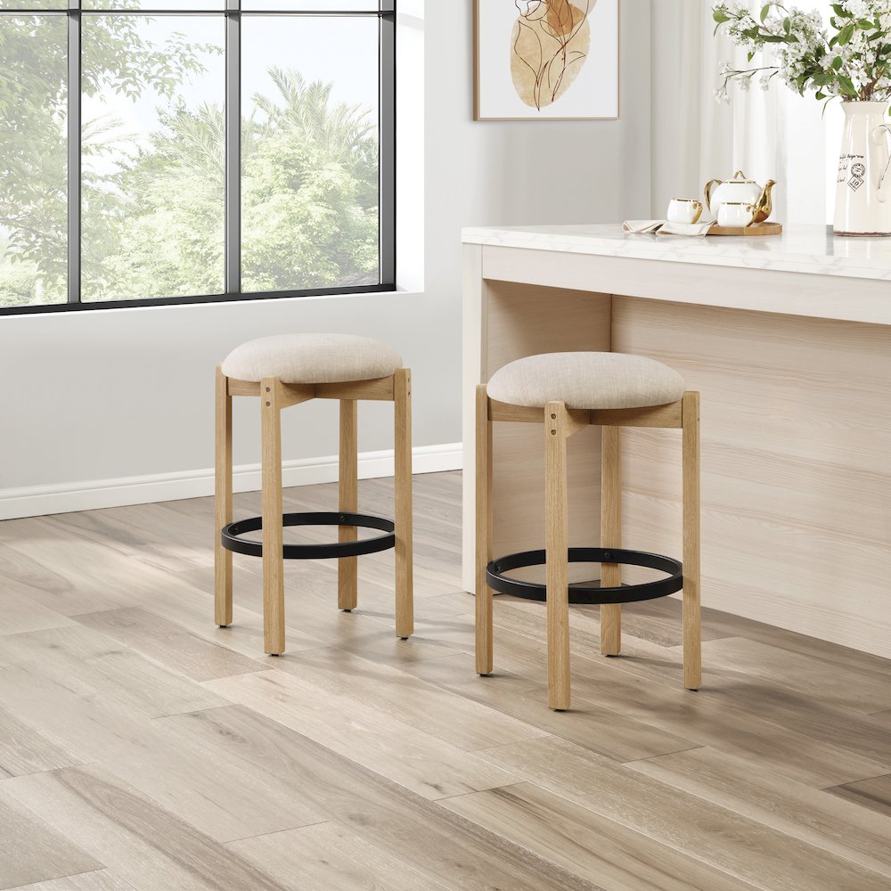 Melissa 26" Counter Stools 2-Pack With Cream Fabric Seat and Natural Finish Wood. Picture 7