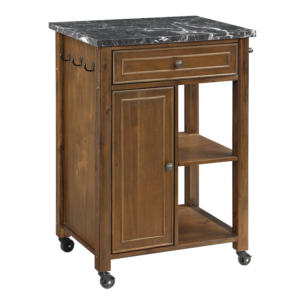 Fairmont Kitchen Cart With Faux Marble Top and Oak Finish Wood. Picture 1