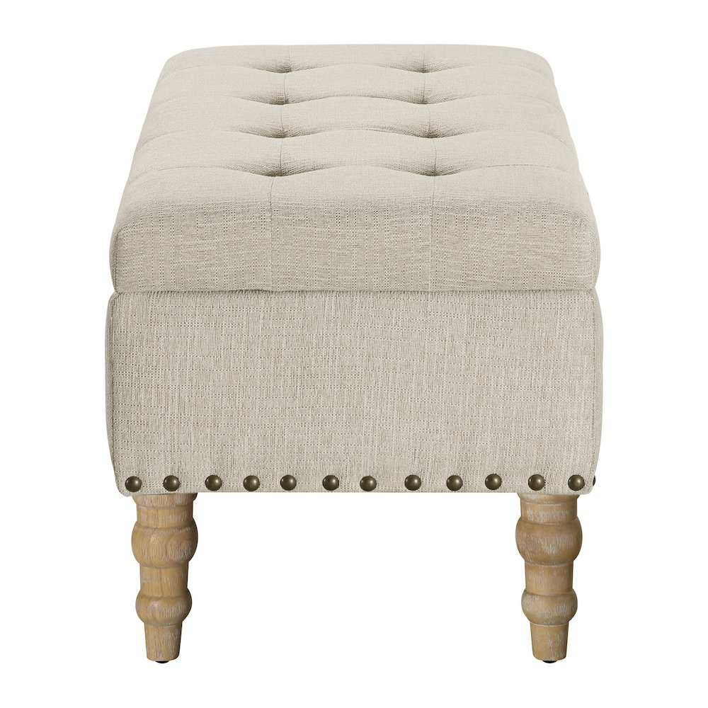 Woodbury Storage Bench in Linen with Antique Bronze Nail Heads with Brushed Legs. Picture 4