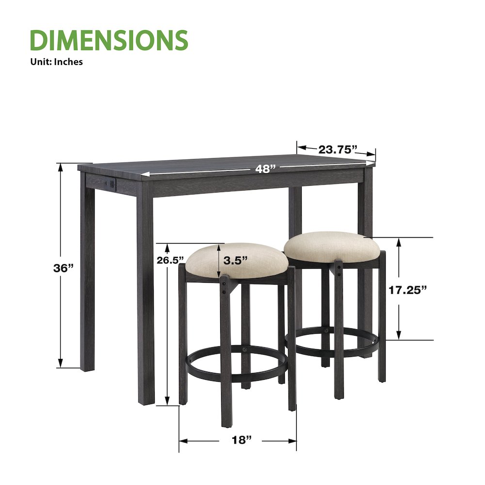 Melissa 3-PC  Counter Height Table Dining Set with Power, 2 Stools. Picture 4
