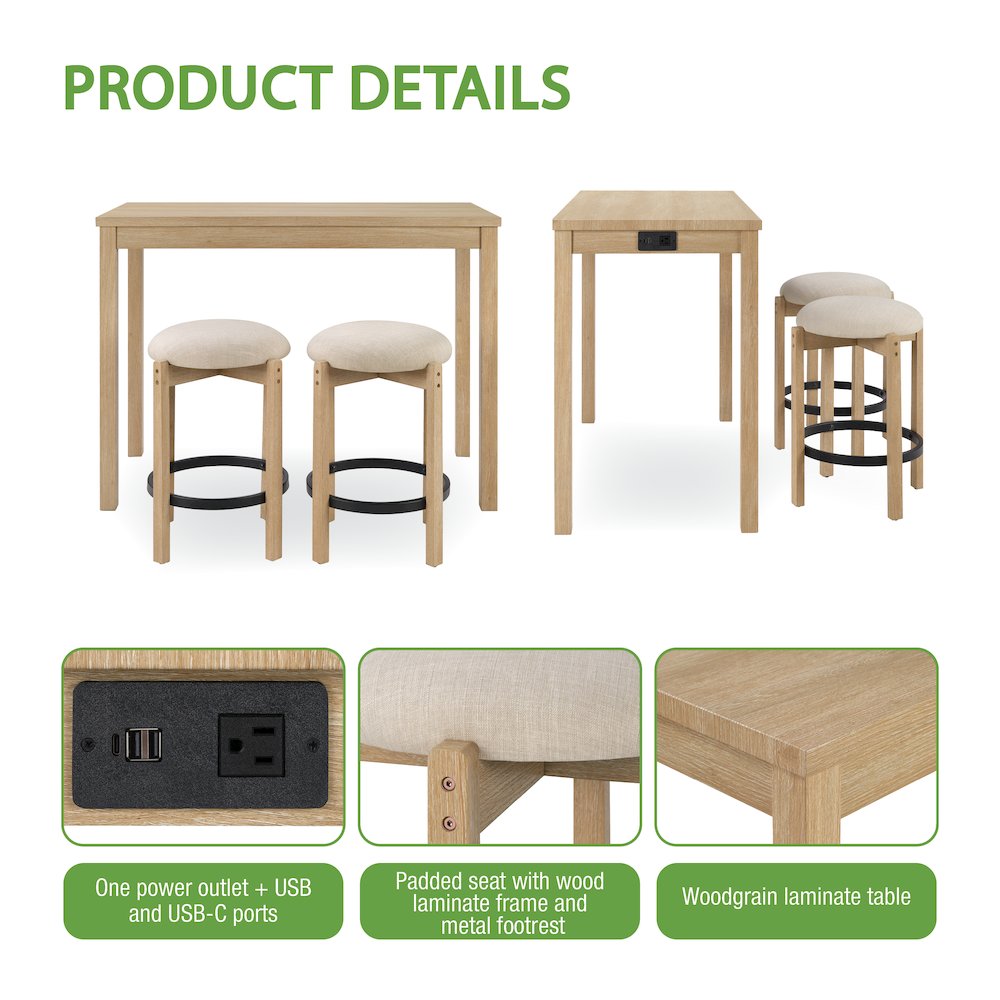 Melissa 3-PC  Counter Height Table Dining Set with Power, 2 Stools. Picture 12