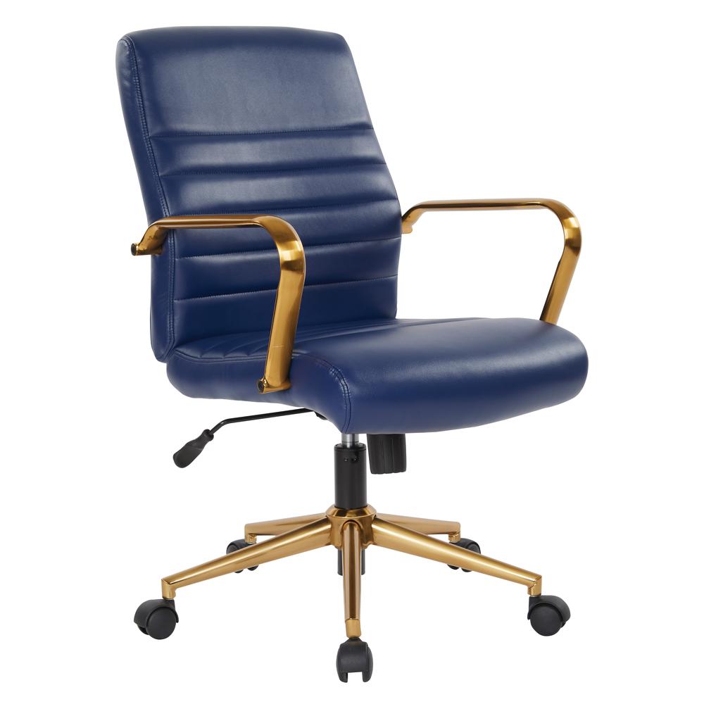 Mid-Back Navy Faux Leather Chair with Gold Finish Arms and Base K/D, FL22991G-U5. Picture 1