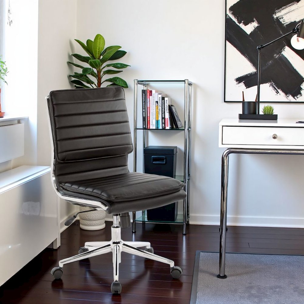 Armless Black Modern Office Chair – Faux Leather Small Desk Seating. Picture 3
