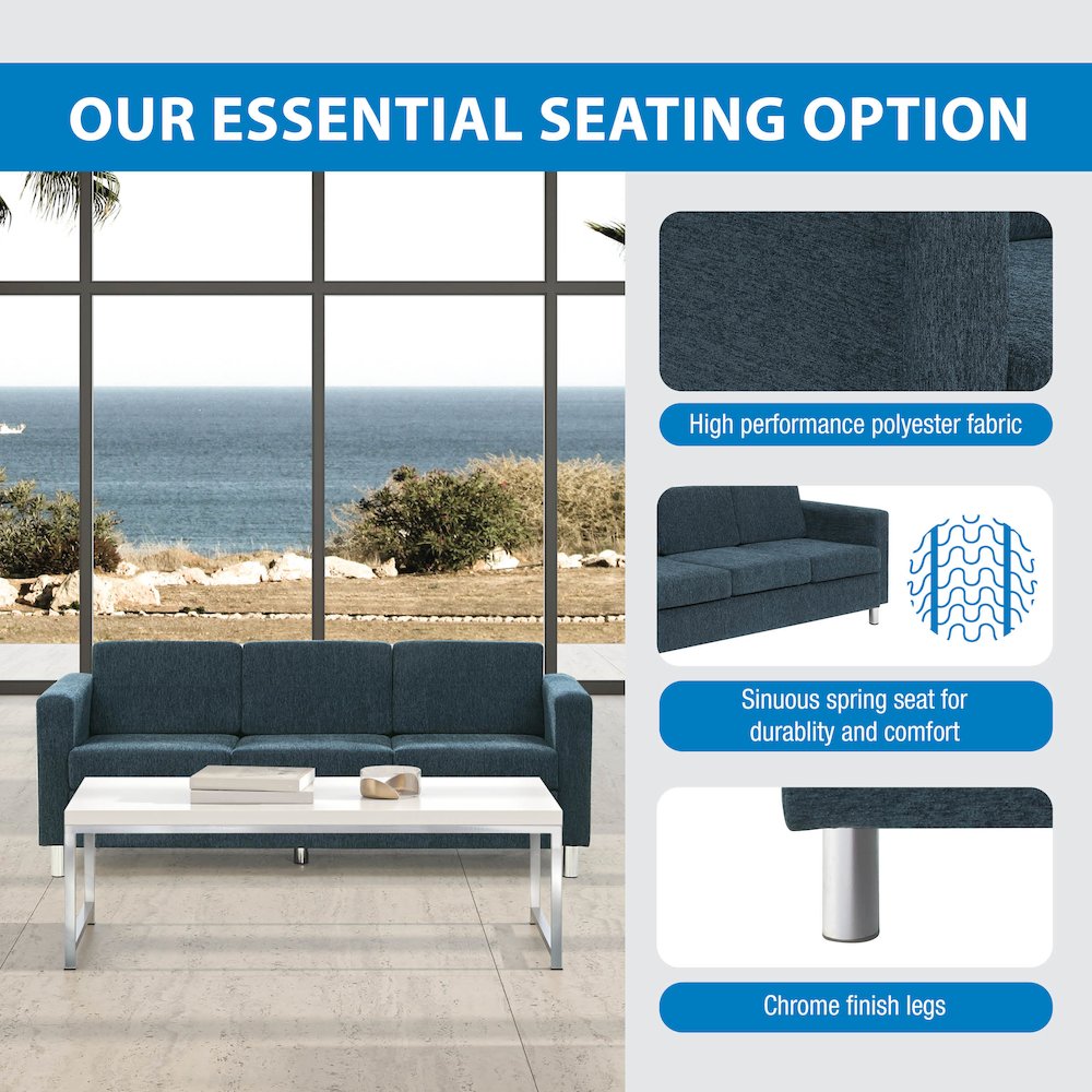 Pacific Sofa in Navy Fabric with Chrome Legs. Picture 9