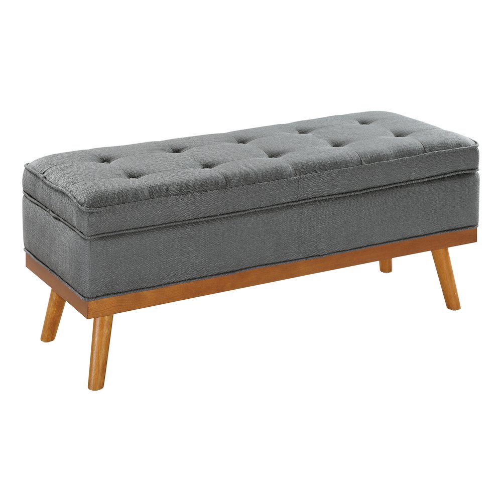 Katheryn Storage Bench in Charcoal Fabric with Spice Finish Legs. Picture 1