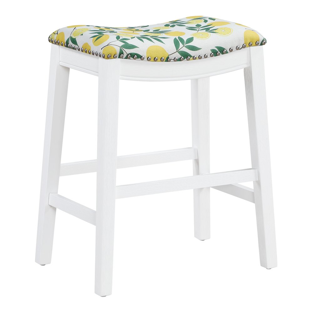 Saddle Stool 24" in lemons Fabric With White Wood Finish 2-Pack. Picture 2