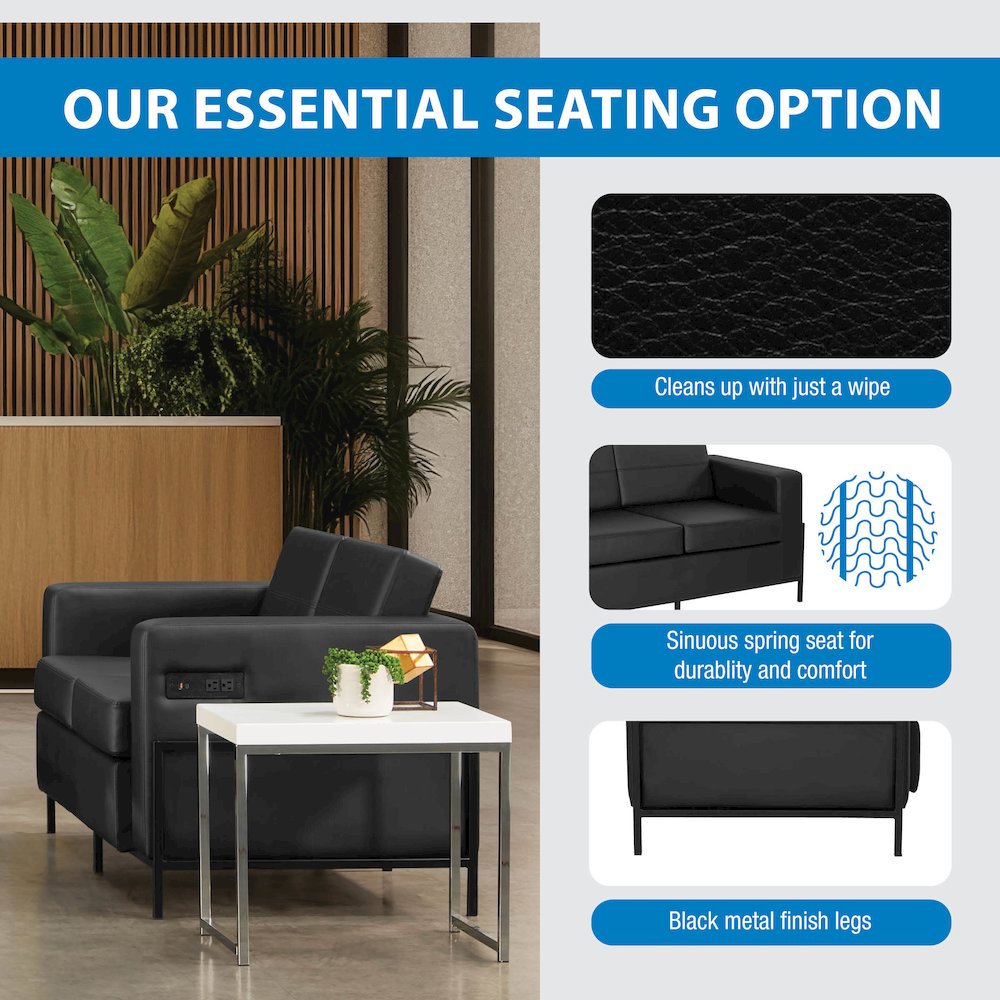 Arctic Loveseat in Black Faux Leather with USB and USB-C Charging Stations. Picture 11