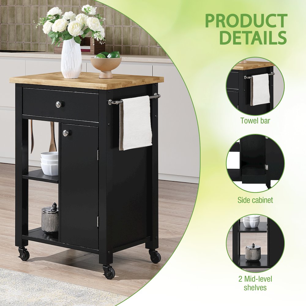 Derry Kitchen Cart with Natural Butcher Block Top With Black Finish. Picture 12